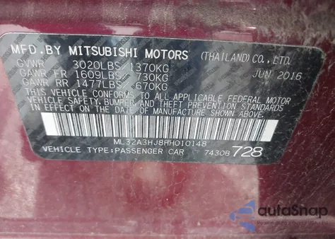 2017 Mitsubishi Mirage Es z USA, uszkodzony, nr VIN ML32A3HJ8HH010148